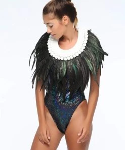 SEA DRAGON STUDIO Iridescent Long Black Feather Collar Men