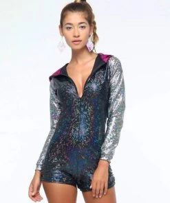 SEA DRAGON STUDIO Jumpsuits Holographic Zip-Front Playsuit | 13 Colors