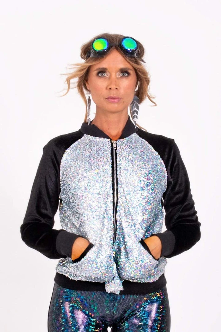 SEA DRAGON STUDIO Holo Silver Sequin Bomber Jacket