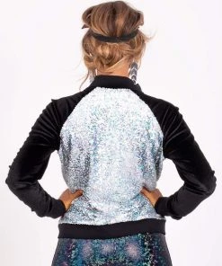 SEA DRAGON STUDIO Holo Silver Sequin Bomber Jacket