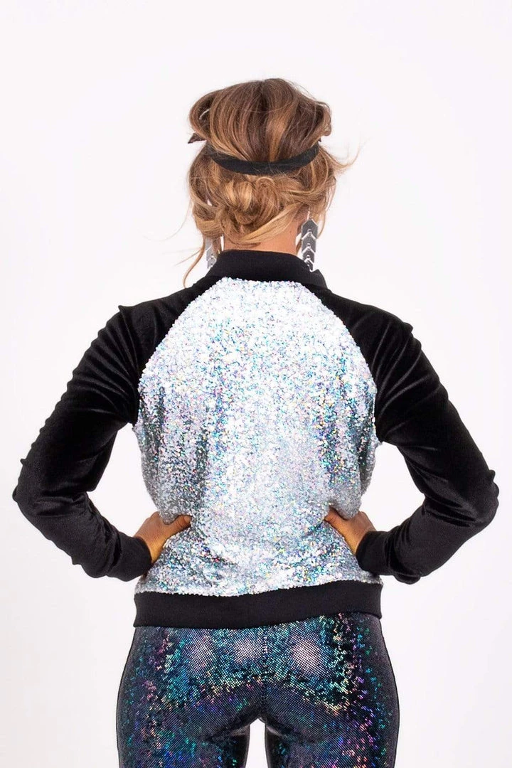 SEA DRAGON STUDIO Holo Silver Sequin Bomber Jacket