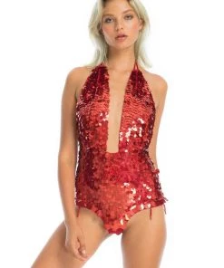 Ladee Taha HARLEQUIN SEQUIN BODYSUIT | Red Diamond