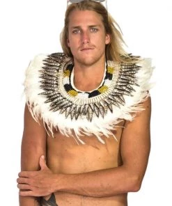 SEA DRAGON STUDIO Bejeweled White Feather Collar Men 7 SEA DRAGON STUDIO Bejeweled White Feather Collar Men