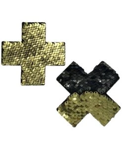 PASTEASE Accessories Gold & Black Flip Sequin Cross Nipple Pasties