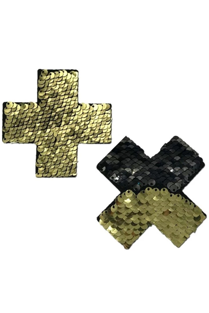 PASTEASE Accessories Gold & Black Flip Sequin Cross Nipple Pasties 3 PASTEASE Accessories Gold & Black Flip Sequin Cross Nipple Pasties