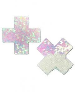 PASTEASE Accessories Iridescent Pink Pearl & White Flip Sequin Cross Nipple Pasties